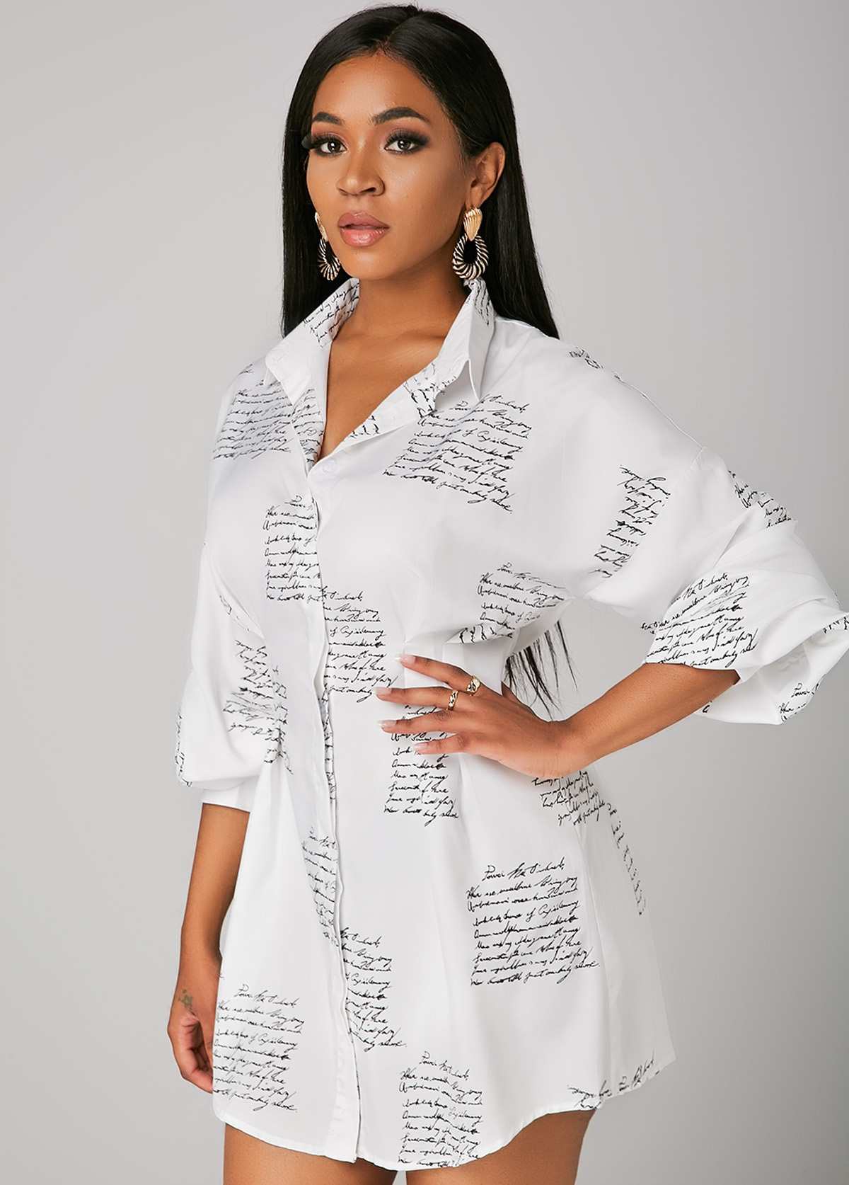 Button Up Turndown Collar Letter Print Shirt Dress