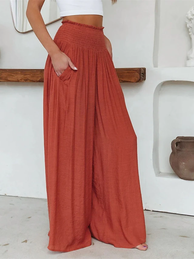 Women's Wide Leg Pants Trousers Pocket High Cut High Waist Full Length Black Fall a2b5