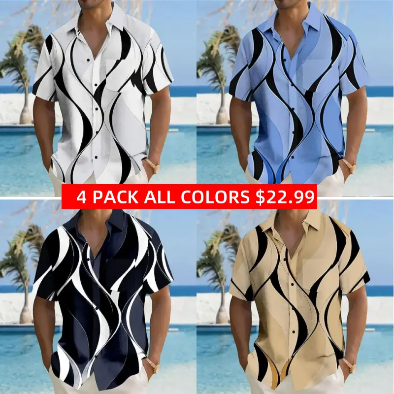 4 PACK-Geometric Lines / Waves Hawaiian Resort Men's Printed Shirts Party Causal Daily Summer Turndown Short Sleeve Black, White, Blue S, M, L Polyester Shirt