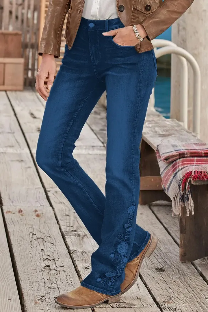 🔥LAST DAY 90% OFF🔥Floral Embroidery Mid Waist Bootcut Jeans
