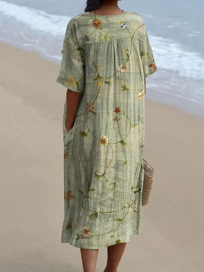 Women's Retro Floral Art Print Casual Flowy Dress e751