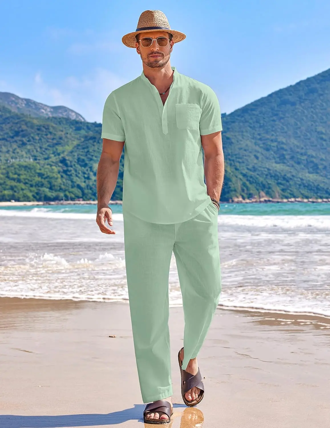 10 Pack-Men's 2 Pieces Cotton Linen Set Casual Short Sleeve Henley Shirts Beach Yoga Pants Summer Outfits