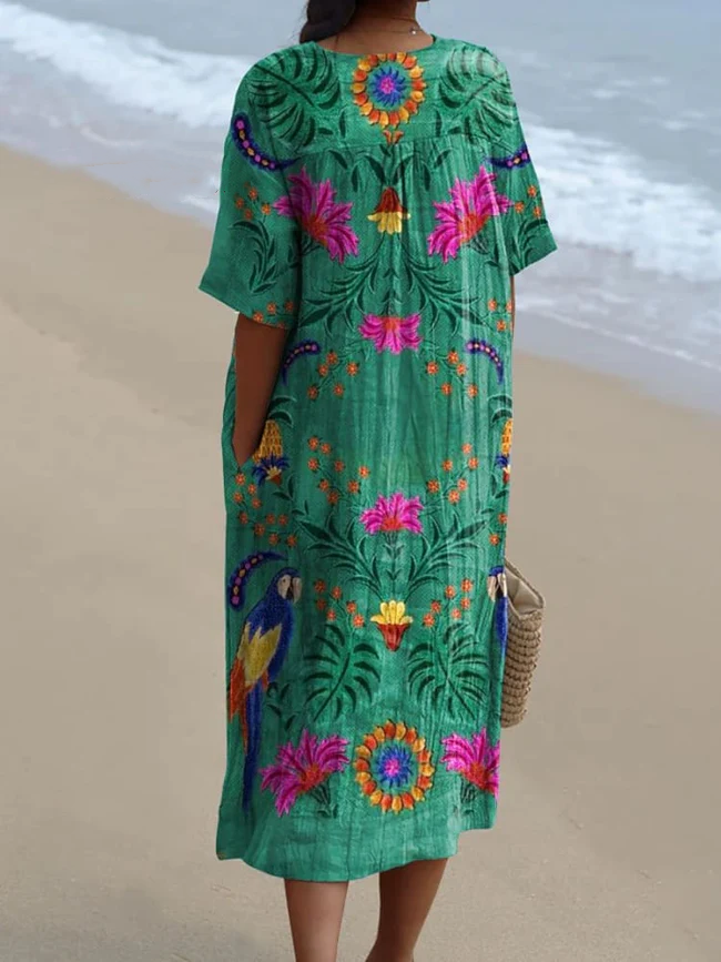 Women's Vintage Lovely Floral Parrots Art Print Flowy Dress 9a67