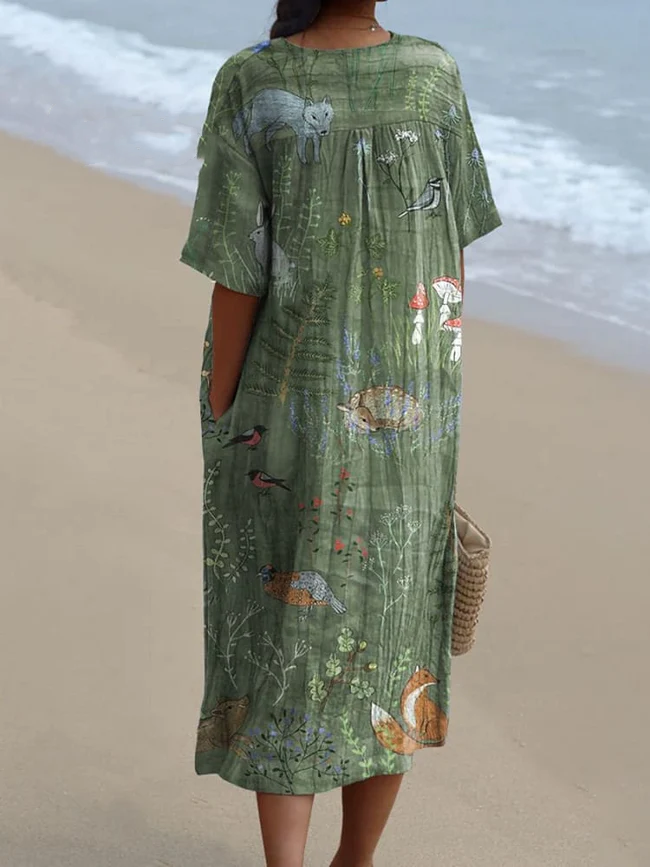 Woodland And Animals Pattern Printed Women's Flowy Dress 5e5c