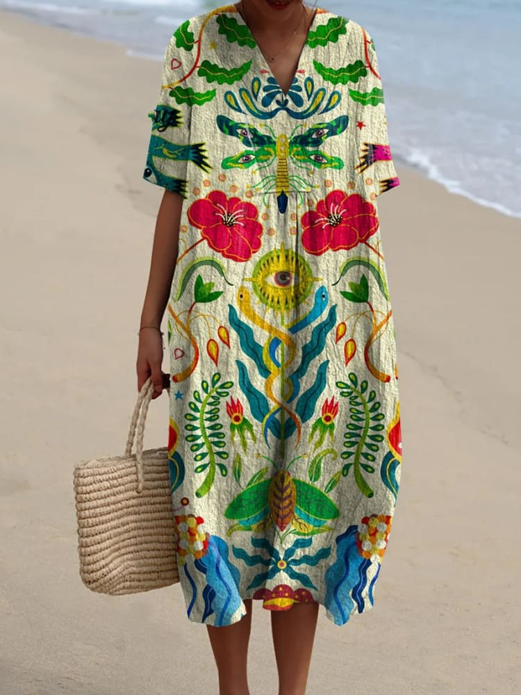 Women's Vintage Quirky Eyes Floral Art Print Flowing Dress 3b17