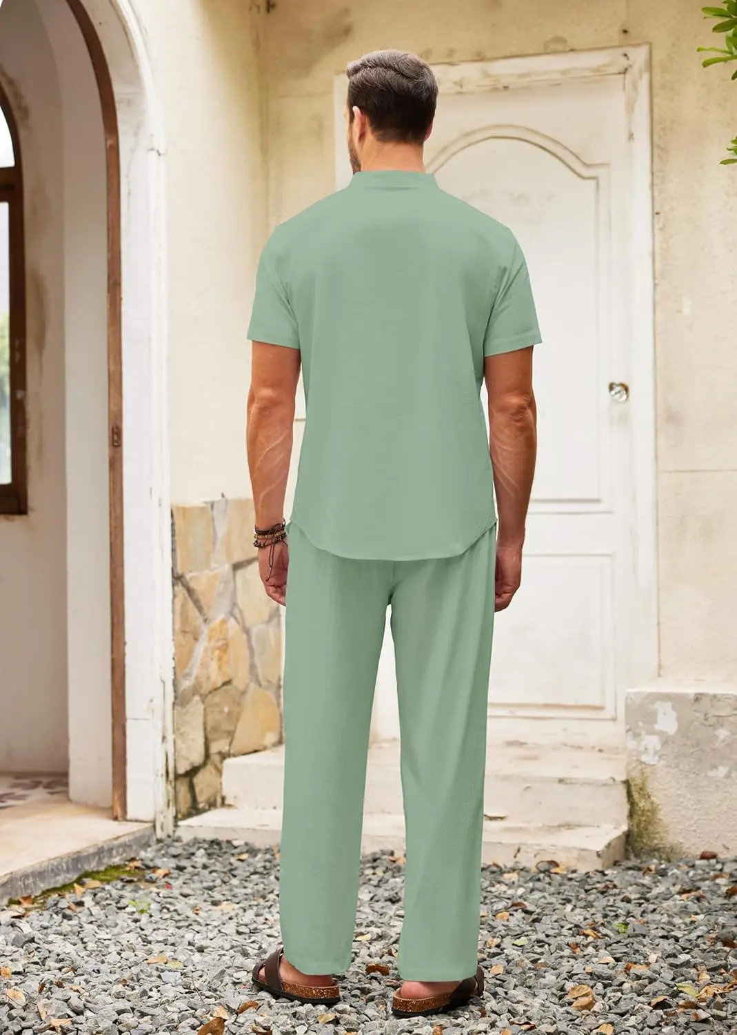 10 Pack-Men's 2 Pieces Cotton Linen Set Casual Short Sleeve Henley Shirts Beach Yoga Pants Summer Outfits