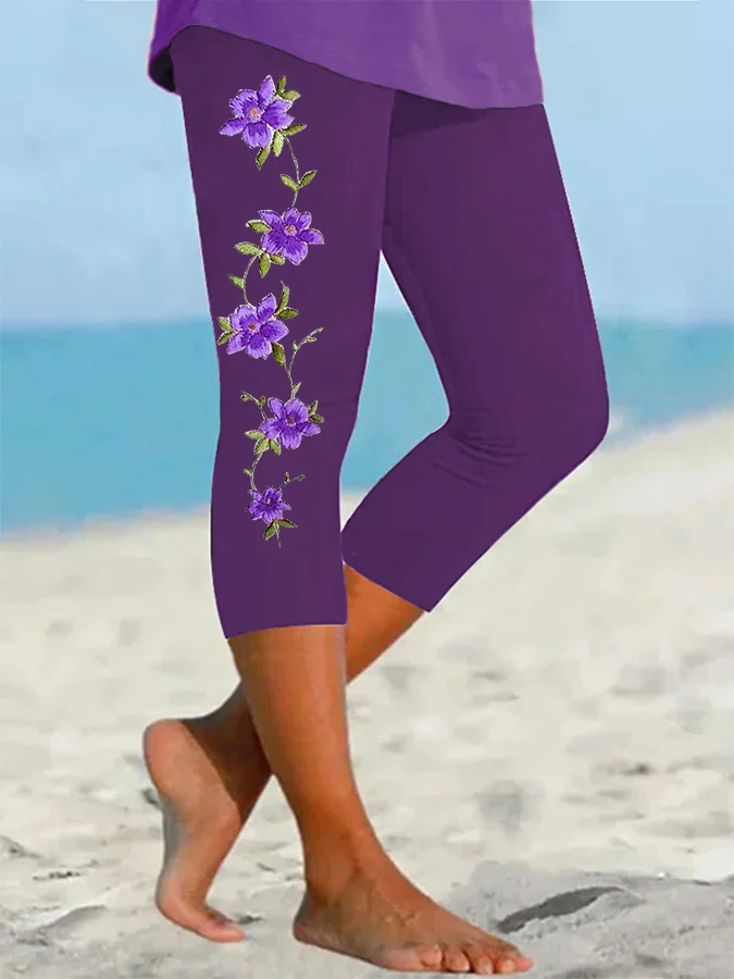 Women's Alzheimer's Purple Flower Print Awareness Support Cropped Leggings