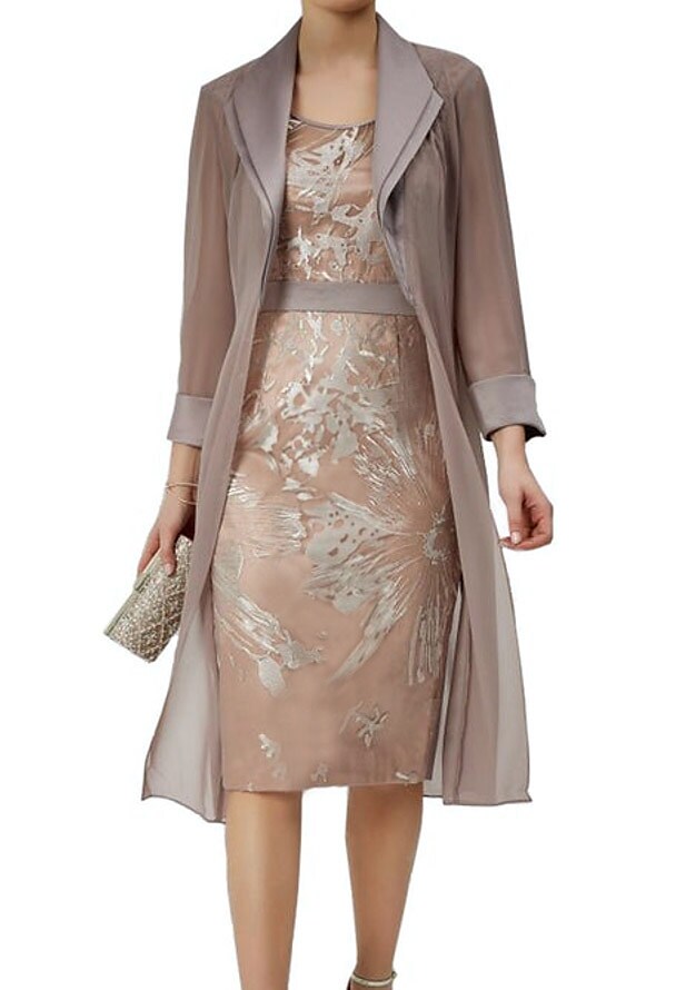 Women's Dress Set Two Piece Dress Knee Length Dress Champagne Long Sleeve Print Layered Mesh With Belt Fall Winter Shirt Collar Elegant Modern 2022 S M L XL XXL 3XL