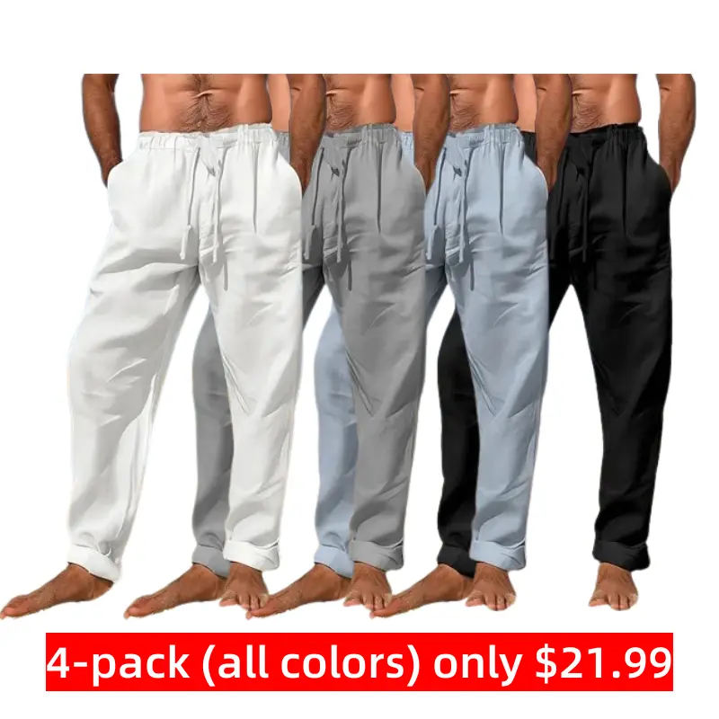 4 PACK-Men's Linen Pants Trousers Summer Pants Beach Pants Drawstring Elastic Waist Plain Comfort Breathable Full Length Daily Beach Fashion Simple Black White