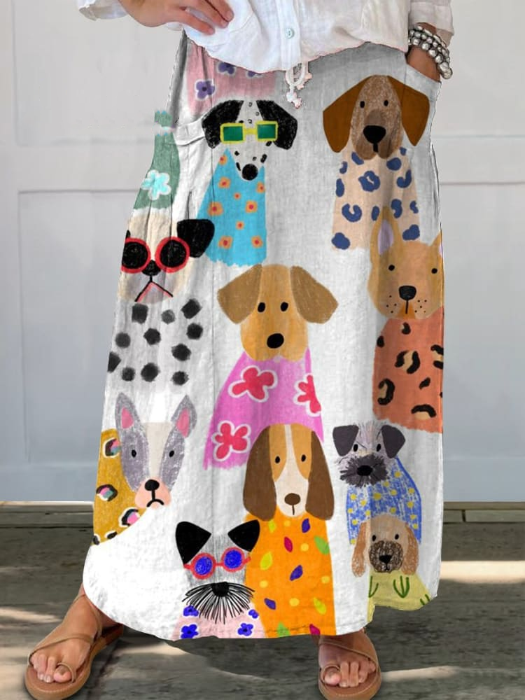 Women's Minimalist Colorful Cartoon Puppy Linen Pocket Skirt b172
