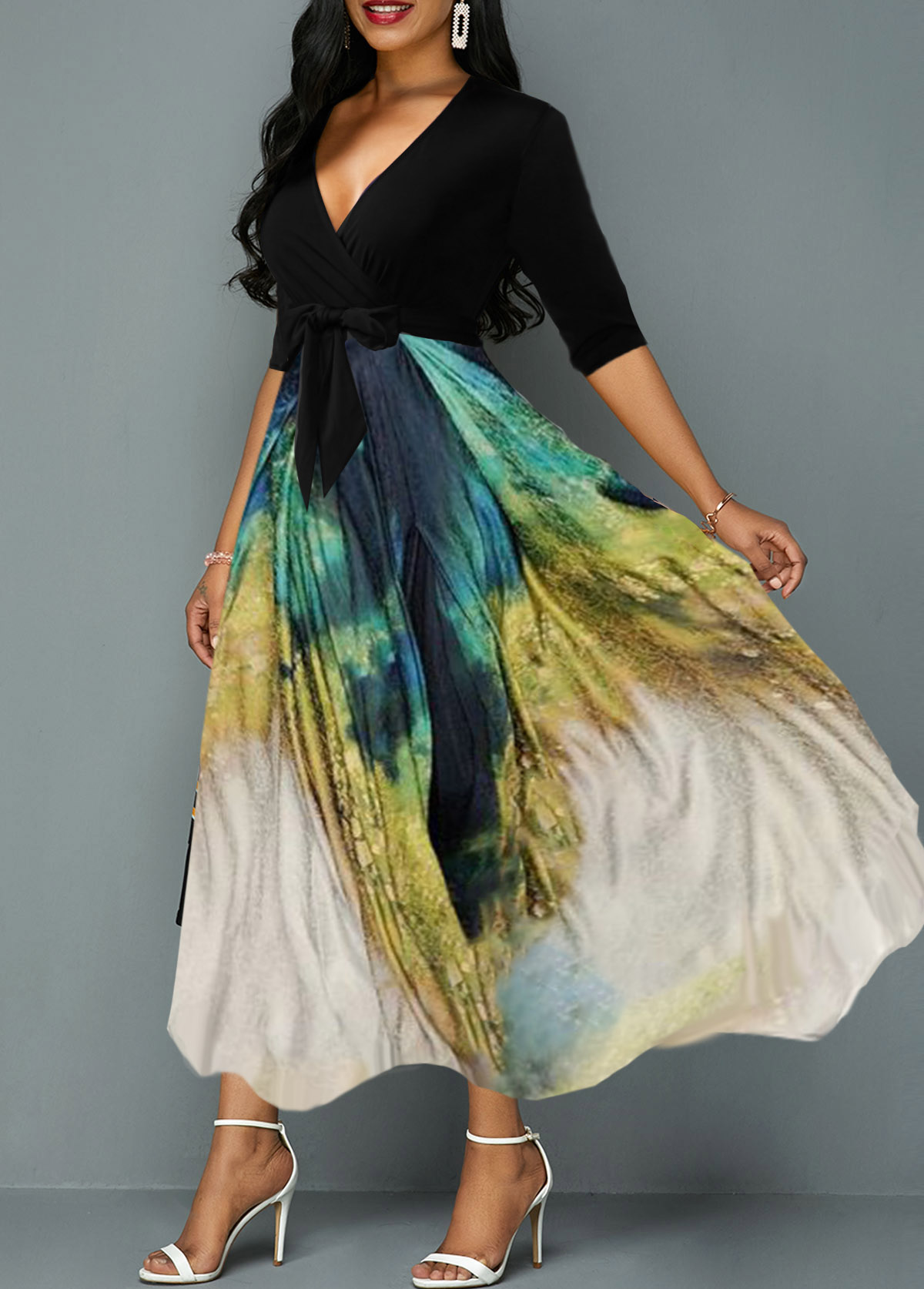 Belted Tie Dye Print Plunging Neck Maxi Dress