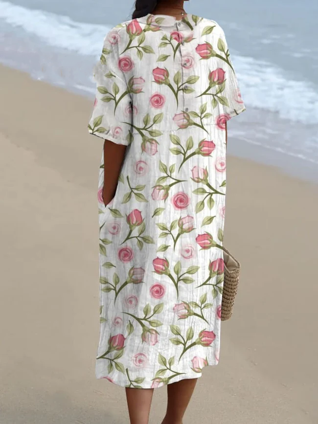 Women's Rose Print Pocket Linen Dress(Convertible Dress With Front And Back Option) 9d70