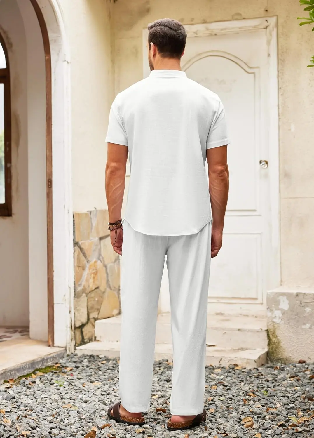 10 Pack-Men's 2 Pieces Cotton Linen Set Casual Short Sleeve Henley Shirts Beach Yoga Pants Summer Outfits