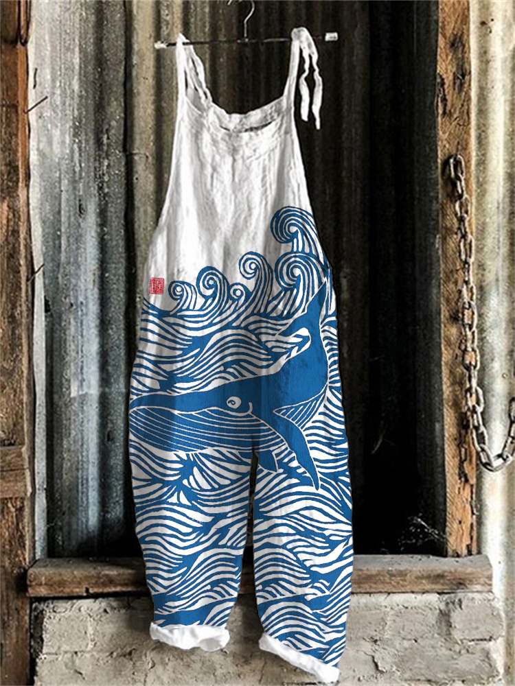 Whale & Waves Japanese Lino Art Jumpsuit d611