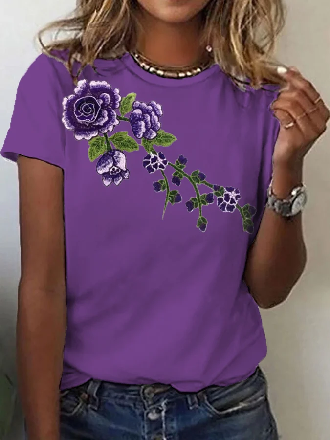 Women's Purple Alzheimer's Flower Print Tee