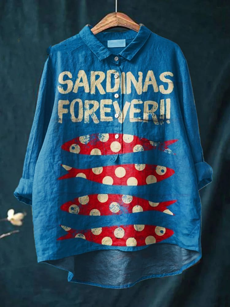 Women's Sanrdinas Forever Fish Art Print Casual Cotton And Linen Shirt 6fed