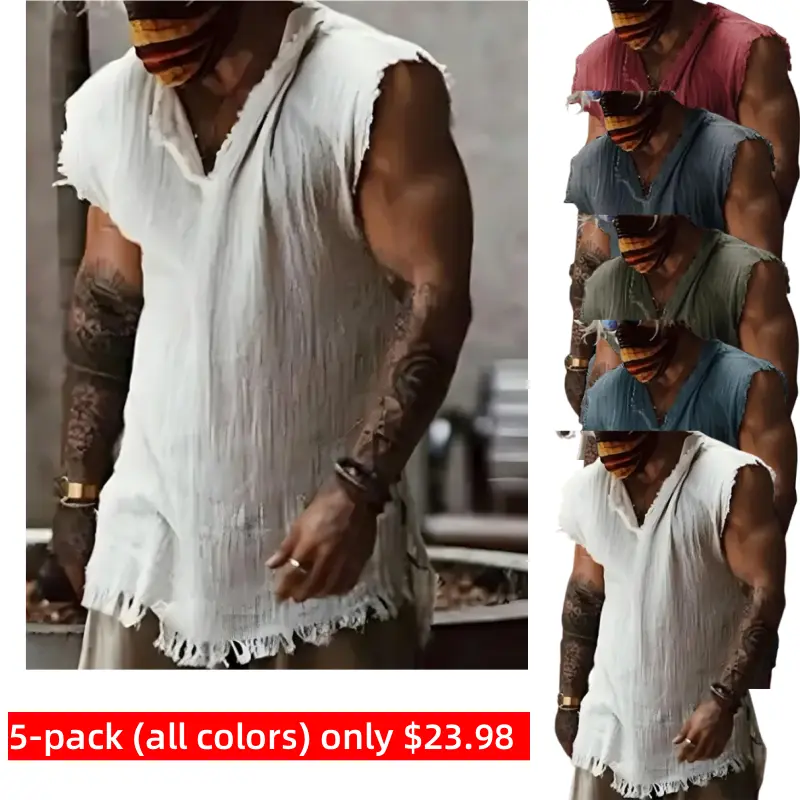 5 PACK-Men's Shirt Linen Shirt Summer Shirt Beach Wear White Wine Blue Dark Grey Sleeveless Plain V Neck Summer Hawaiian Holiday Clothing Apparel