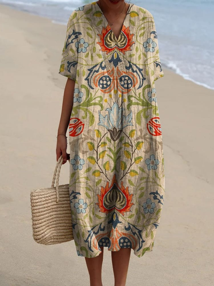 Women's Vintage Ethnic Floral Art Print Flowy Dress 8982