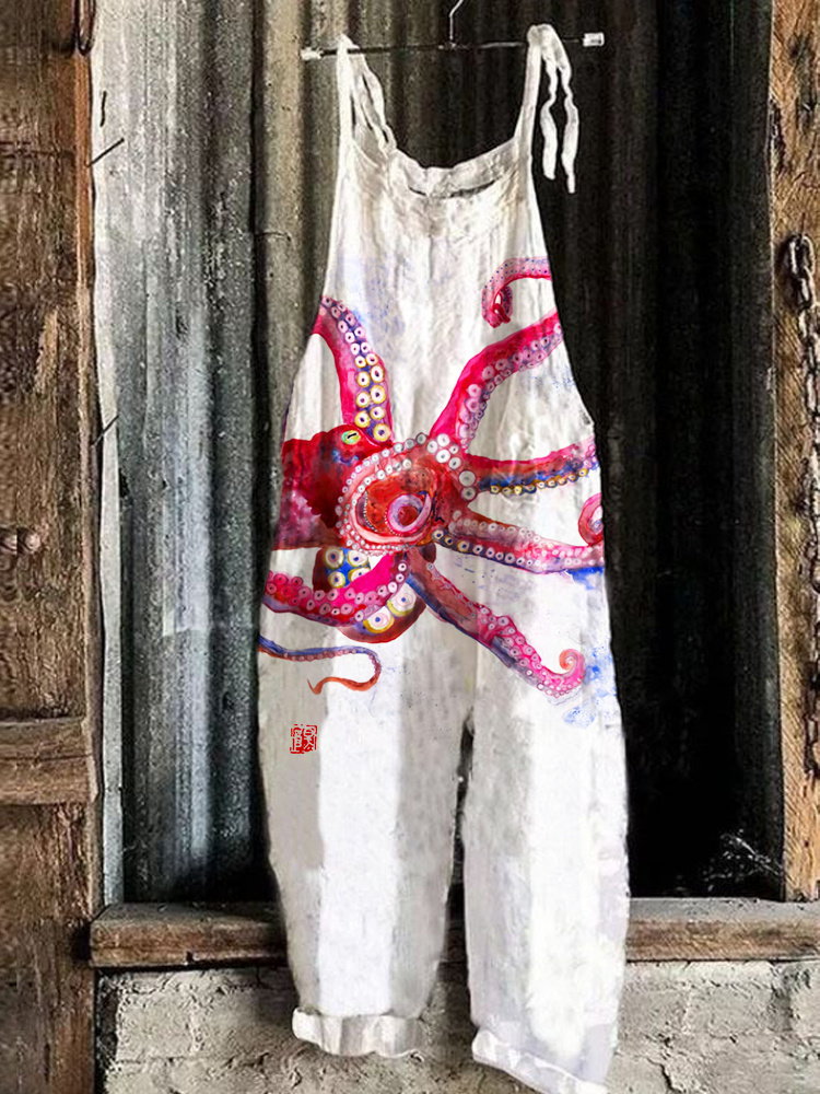 Pink Octopus Tentacle Print Linen Loose Casual Jumpsuit be80