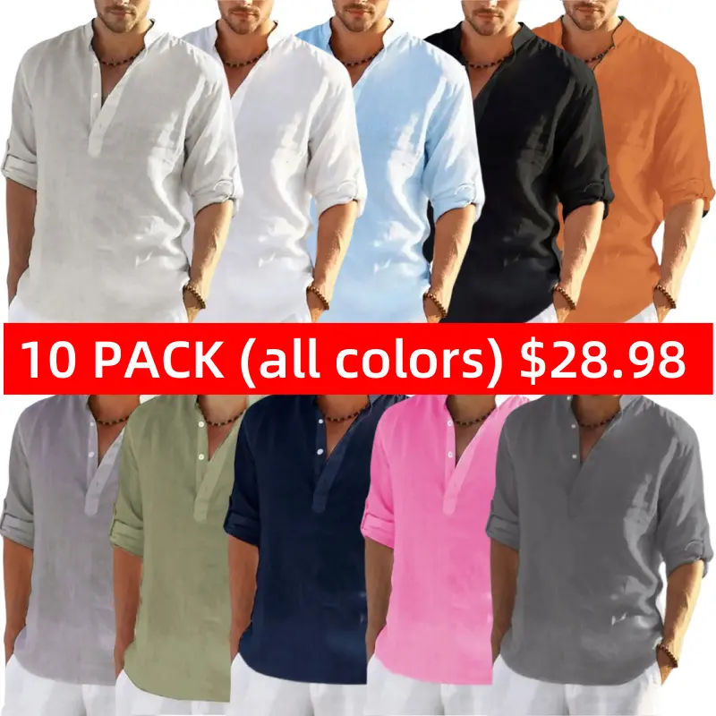 10 PACK-Men's Shirt Linen Shirt Popover Shirt Summer Shirt Beach Wear Black White Yellow Pink Long Sleeve Solid Color Henley Summer Spring Hawaiian Holiday Clothing Apparel Button-Down