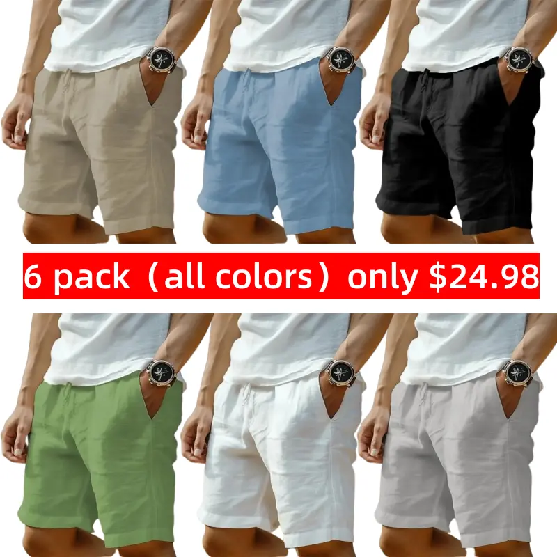 6 PACK-Men's Shorts Linen Shorts Summer Shorts Pocket Drawstring Elastic Waist Plain Comfort Breathable Short Casual Daily Holiday Fashion Classic Style Black White