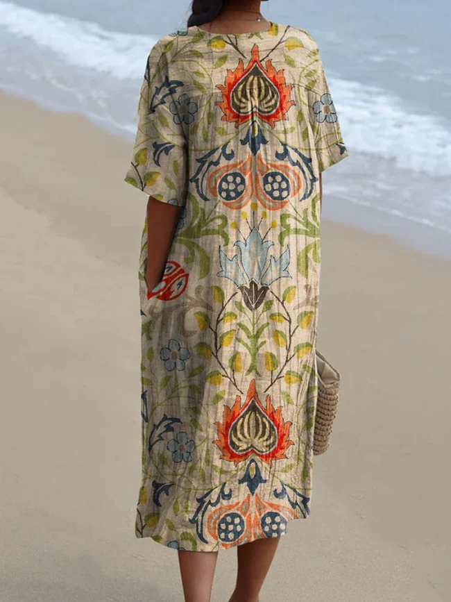 Women's Vintage Ethnic Floral Art Print Flowy Dress 8982