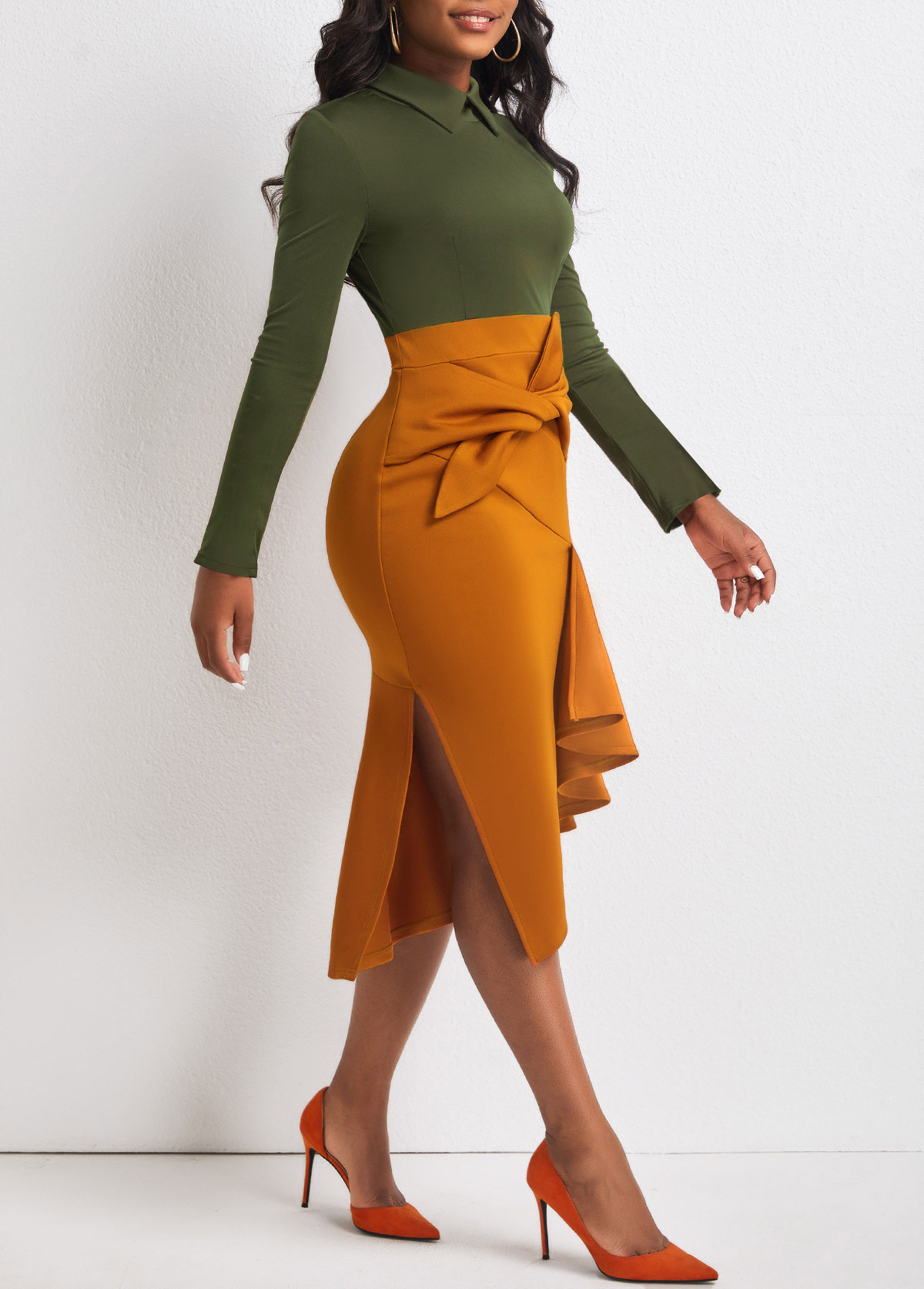 Blackish Green Contrast Bowknot Side Slit Dress