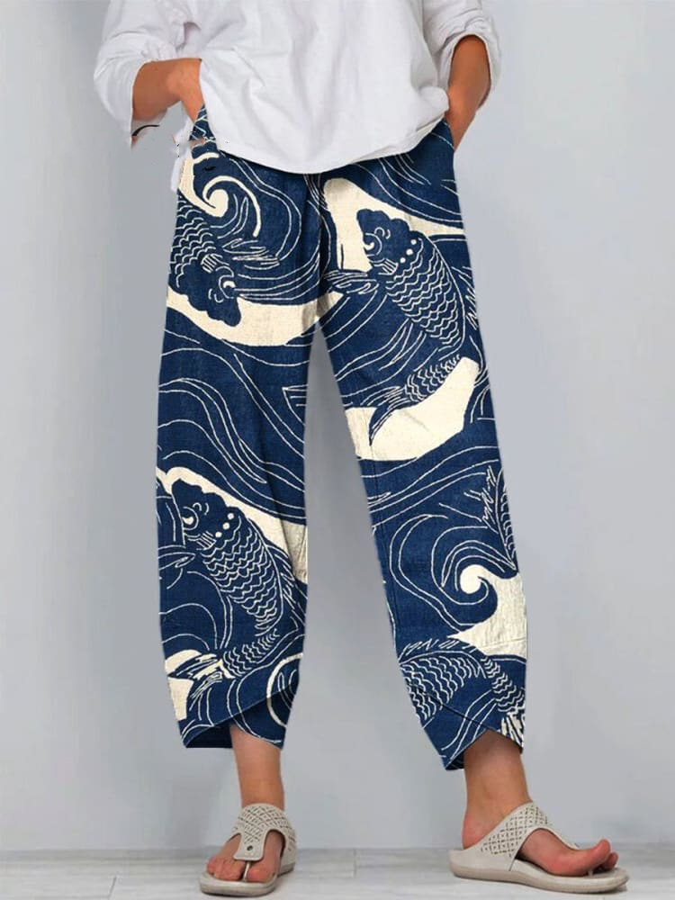 Women's Fish Art Printed Cotton And Linen Casual Pants 9c40