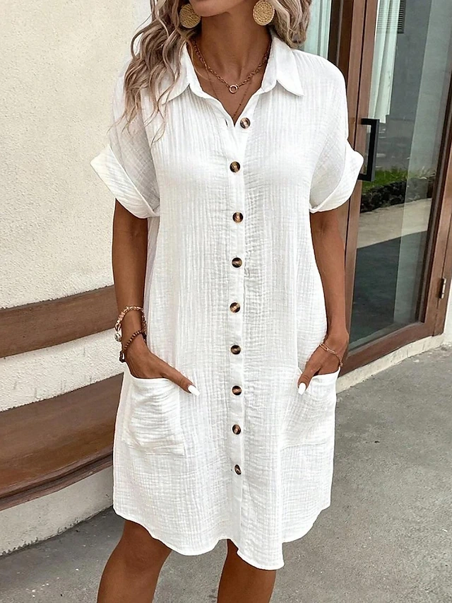 Women's Shirt Dress Mini Dress Button Pocket Vacation Casual V Neck Short Sleeve aa06