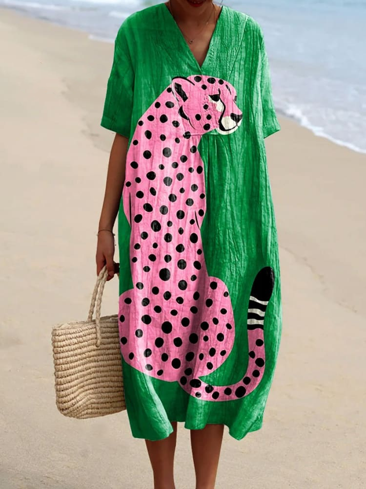 Women's Vintage Pink Cheetah Art Print Flowy Dress 5a1c