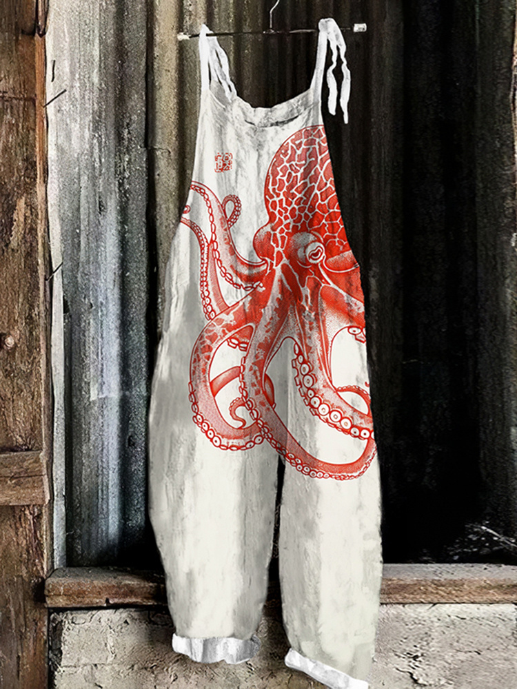 Japanese Art Octopus Print Casual Loose Jumpsuit e6d9