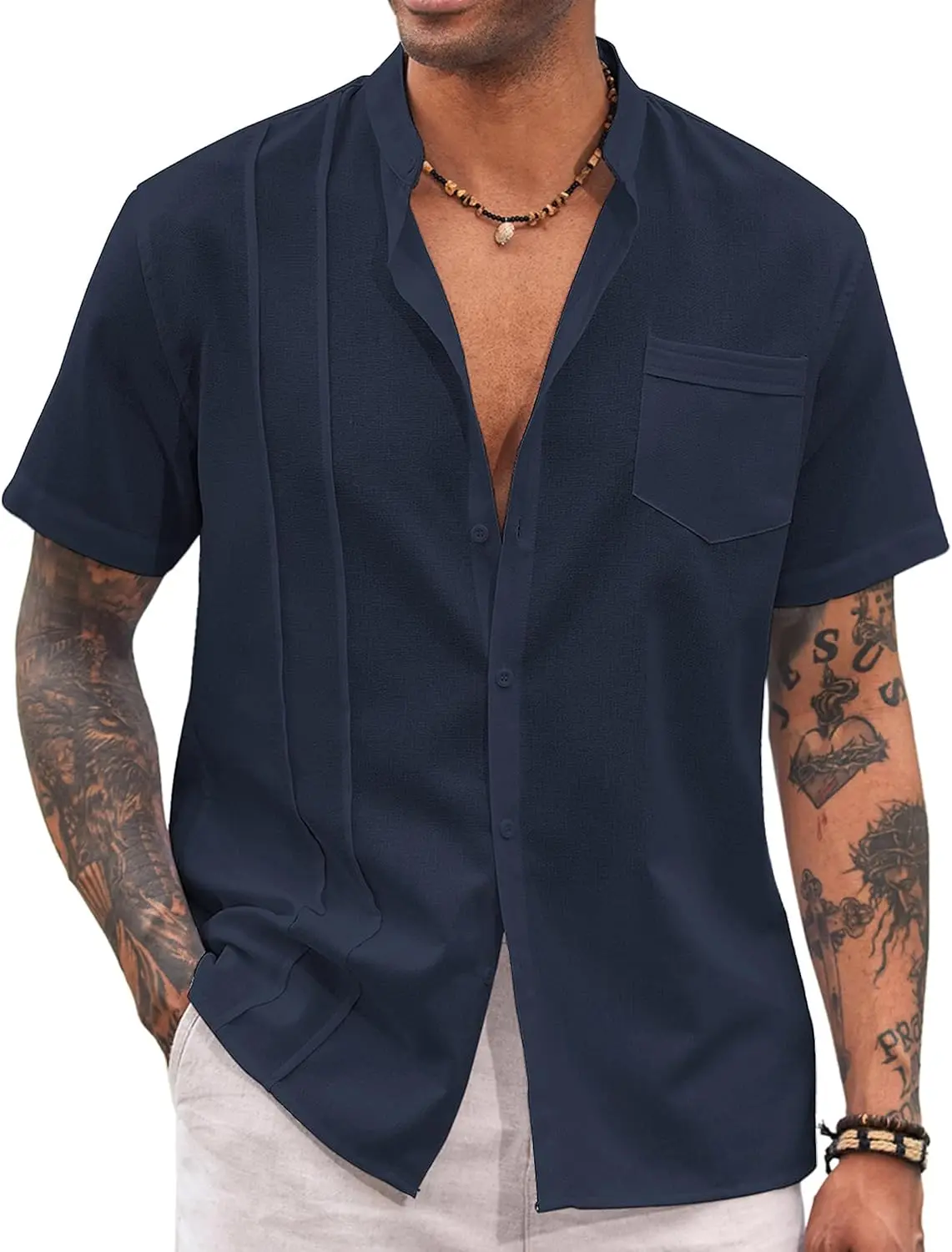 9 Pack-Men's Cuban Guayabera Shirt Cotton Linen Short Sleeve Button Down Shirts Casual Band Collar Summer Shirt