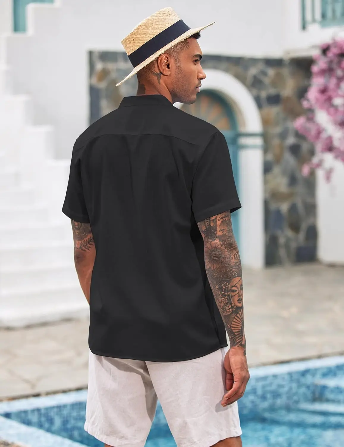 9 Pack-Men's Cuban Guayabera Shirt Cotton Linen Short Sleeve Button Down Shirts Casual Band Collar Summer Shirt