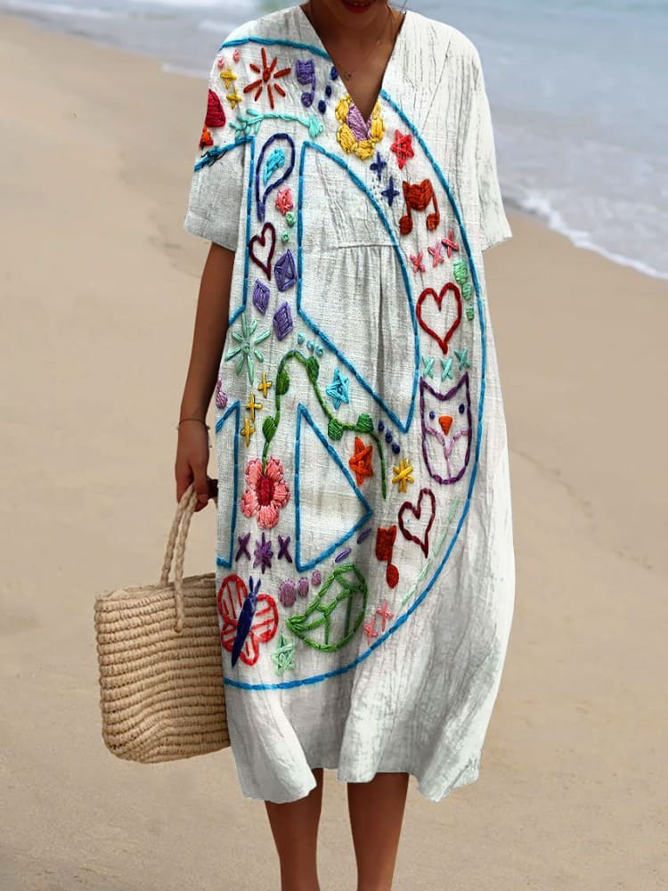 Women's Vintage Peace Art Print Flowy Dress e790