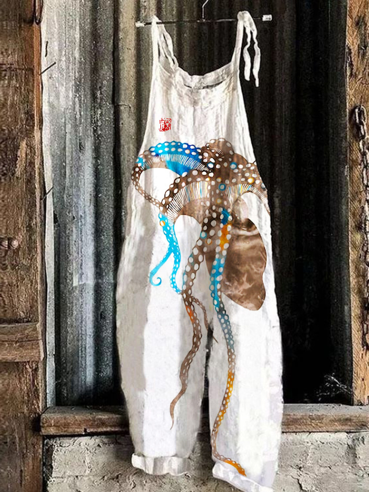 Watercolor Octopus Tentacles Japanese Print Linen Loose Casual Jumpsuit 973b