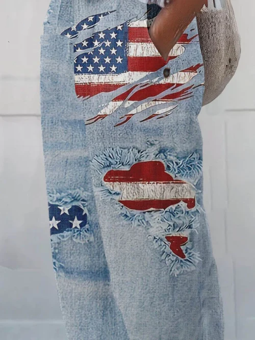 Women's Independence Day Art Pattern Print Cotton And Linen Casual Pants 24e6