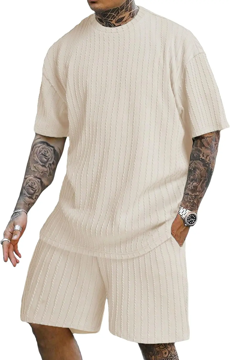 7 Pack-Men's 2 Piece Outfits Short Sleeve Crewneck Summer T Shirt and Drawstring Casual Track Shorts Set