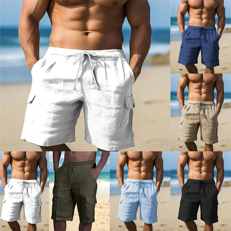 6 Pack-Men's Multi-pocket Linen Cargo Shorts - Comfort Fit with Adjustable Drawstring Waist, Versatile For Outdoor Adventures & Everyday Wear