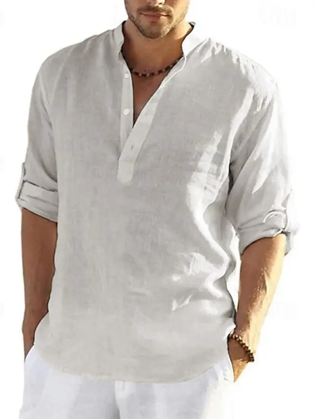 10 PACK-Men's Shirt Linen Shirt Popover Shirt Summer Shirt Beach Wear Black White Yellow Pink Long Sleeve Solid Color Henley Summer Spring Hawaiian Holiday Clothing Apparel Button-Down