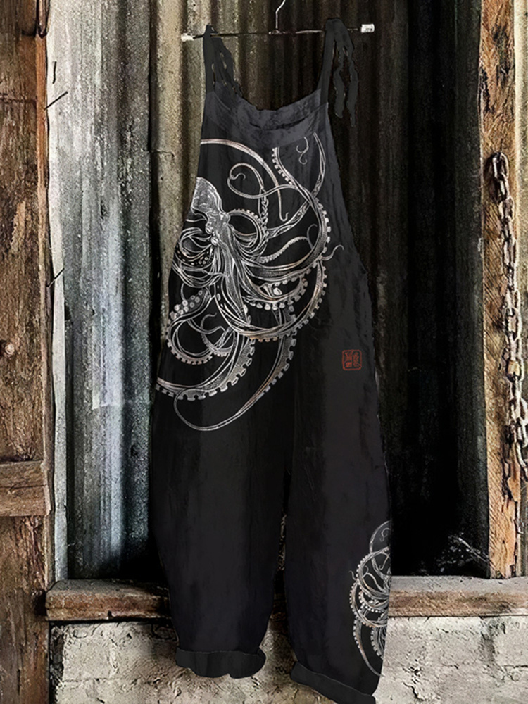 Vintage Japanese Art Octopus Print Casual Loose Jumpsuit 908a