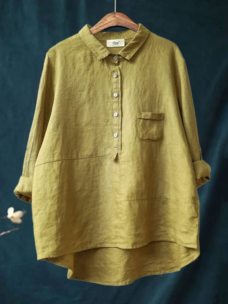 Women's Lapel Neck Casual Solid Colour Cotton And Linen Long Sleeve Shirt 120a
