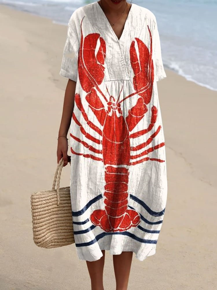 Women's Vintage Lobster Art Print Flowy Dress 9324