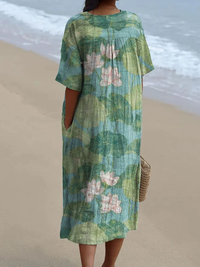 Women's Vintage Lovely Lily Art Print Casual Flowy Dress 5830