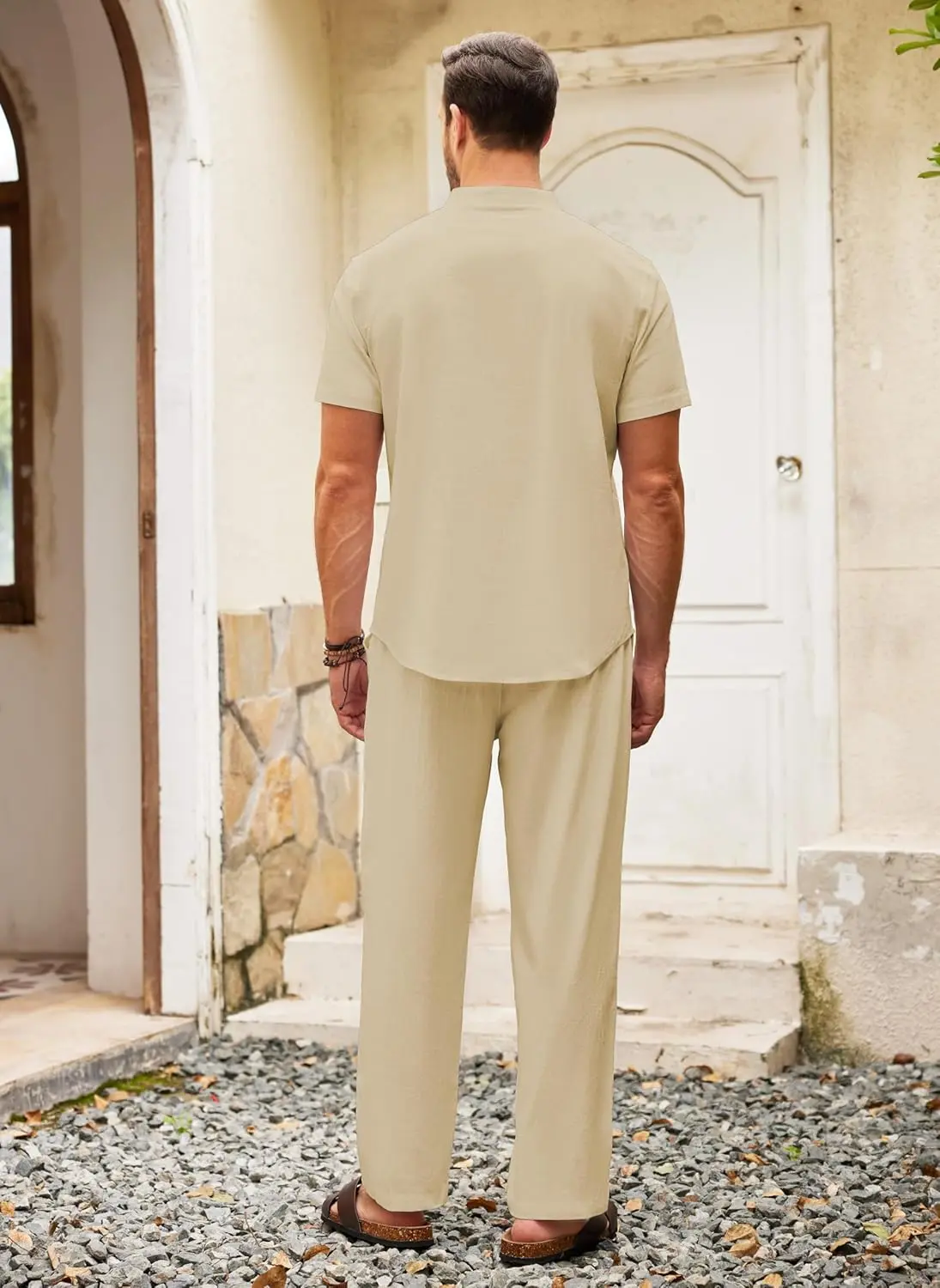 10 Pack-Men's 2 Pieces Cotton Linen Set Casual Short Sleeve Henley Shirts Beach Yoga Pants Summer Outfits