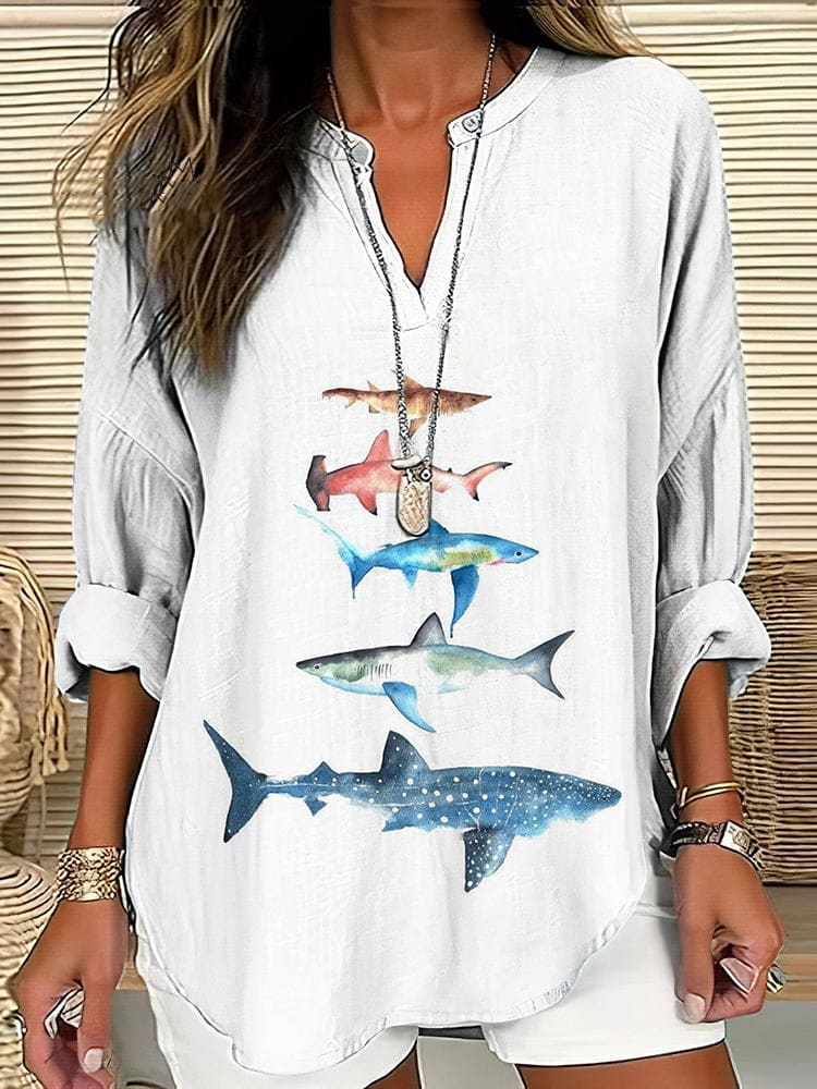 Retro Shark Art Fish Print Long Sleeve Blouse 6e15