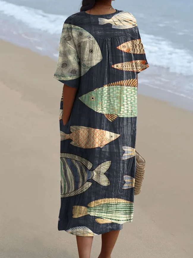 Women's Vintage Lovely Fish Art Print Flowy Dress dde0