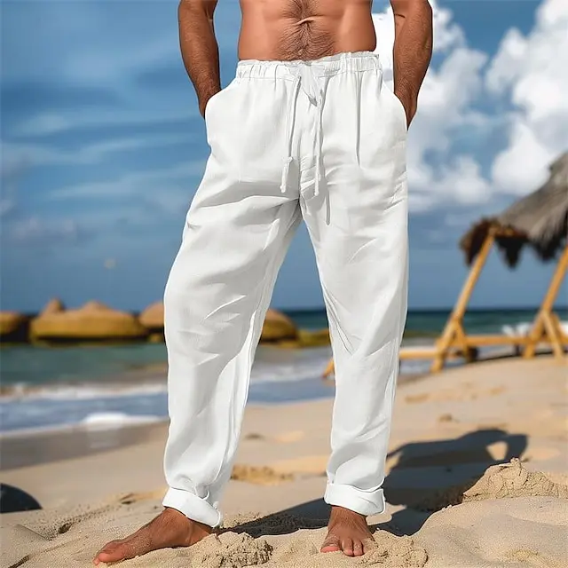 4 PACK-Men's Linen Pants Trousers Summer Pants Beach Pants Drawstring Elastic Waist Plain Comfort Breathable Full Length Daily Beach Fashion Simple Black White