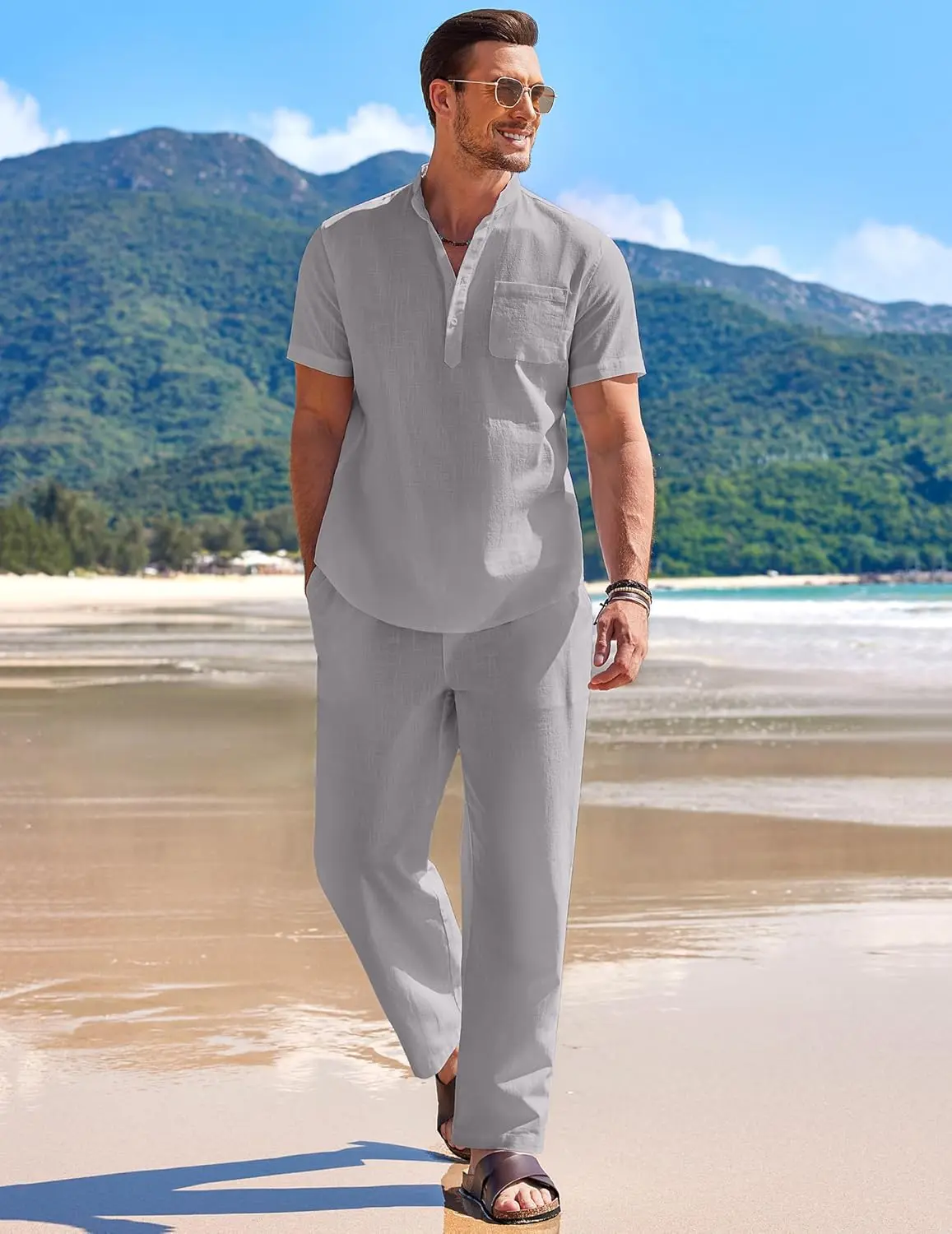 10 Pack-Men's 2 Pieces Cotton Linen Set Casual Short Sleeve Henley Shirts Beach Yoga Pants Summer Outfits