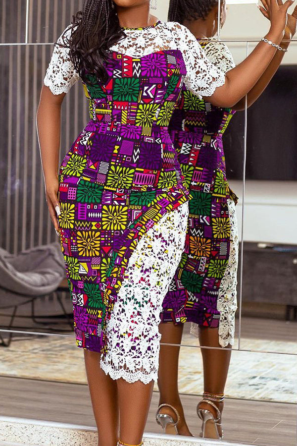 Temperament Lace Stitching Short Sleeve Slim Fit Midi Dress