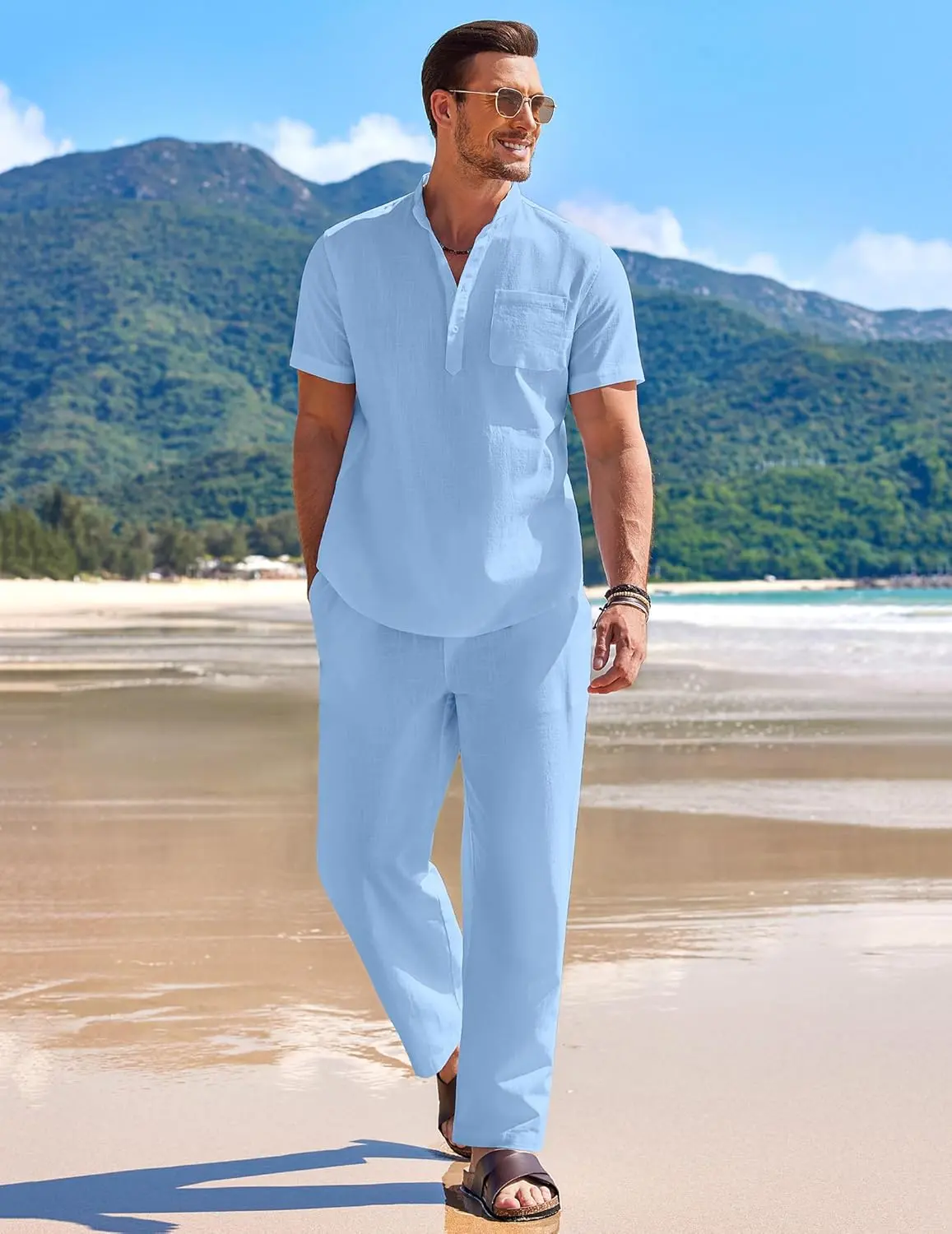 10 Pack-Men's 2 Pieces Cotton Linen Set Casual Short Sleeve Henley Shirts Beach Yoga Pants Summer Outfits